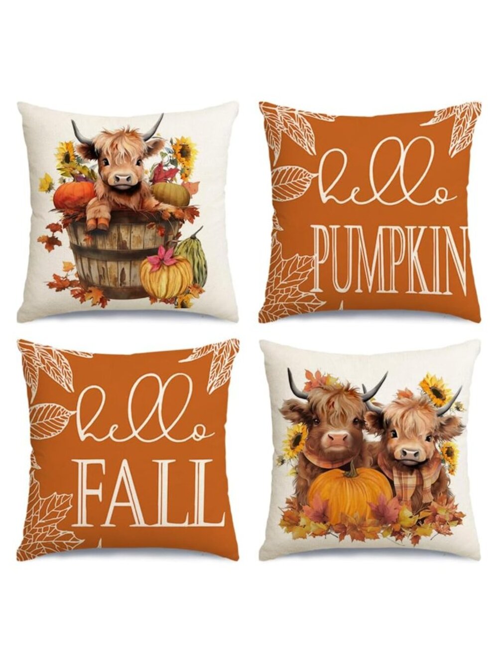 Fall Pillow Covers Set of 4 18x18 Linen Polyester Farmhouse Highland Cow Decor